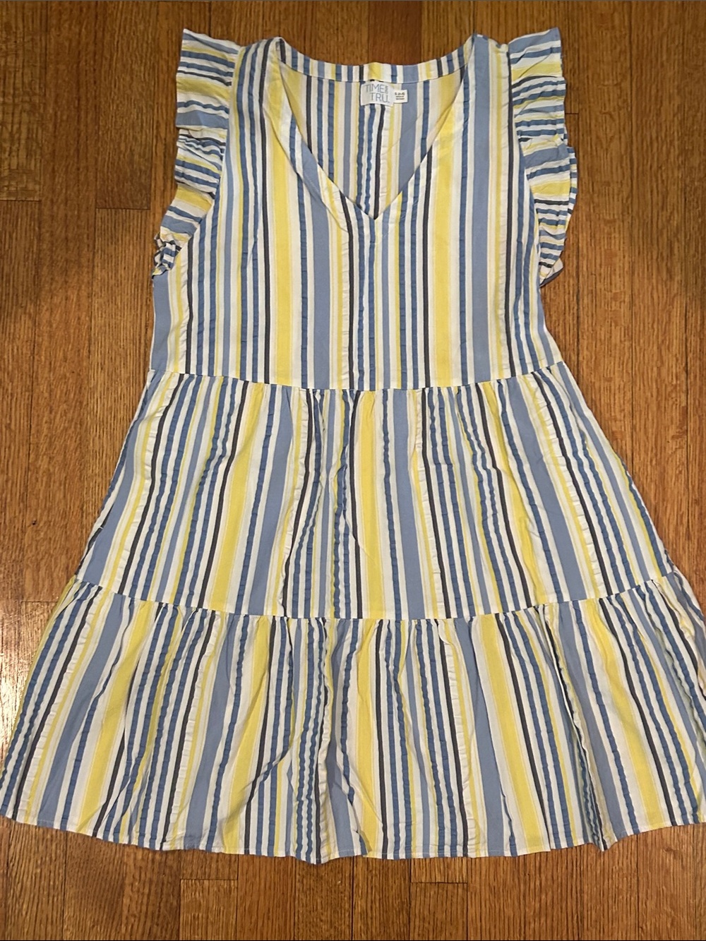 Time and Tru Yellow, Blue and White Striped Ruffle Sleeve Dress